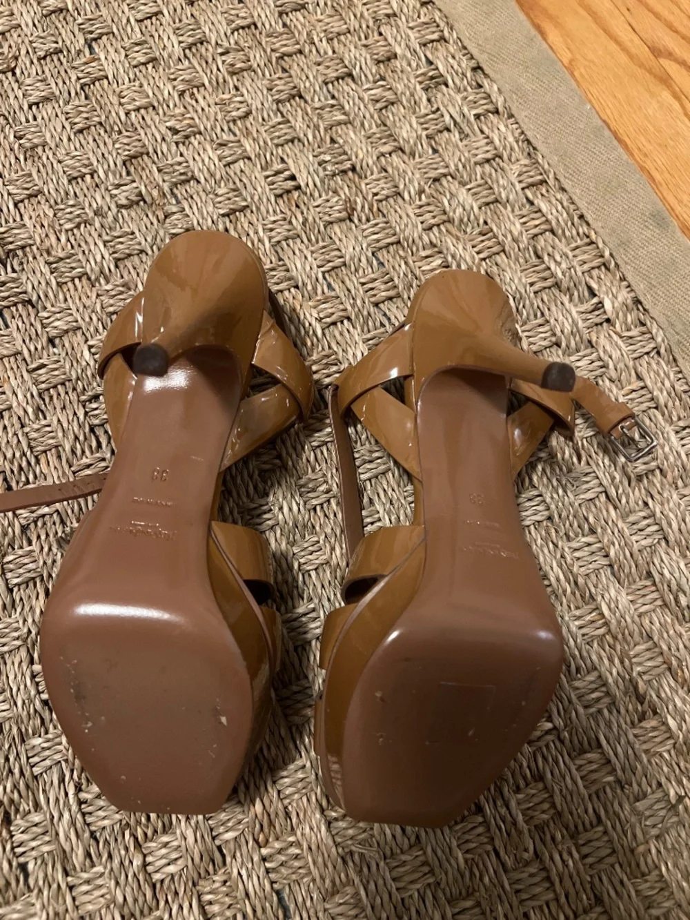 YSL TRIBUTE Patent Leather Brown Sandals